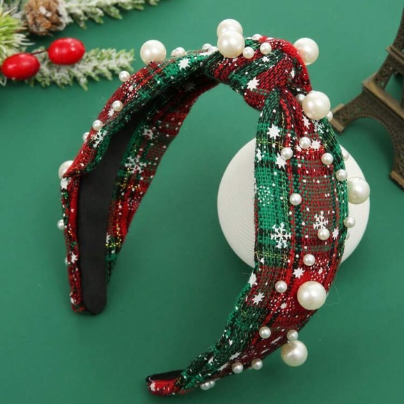 Accessories - Green Red Pearl Plaid Knot Headband Christmas Holidays